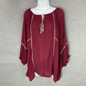 Suzanne Betro‎ Peasant Blouse Embroidered Tassel Bohemian Peasant Top Sz 1X